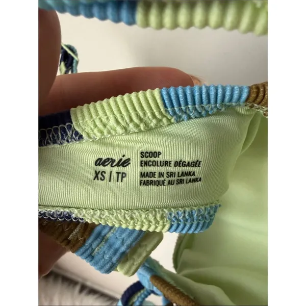 Aerie Ribbed Stripe Scoop Bikini Top XS Blue Green Tie Front Swim Top - Image 3