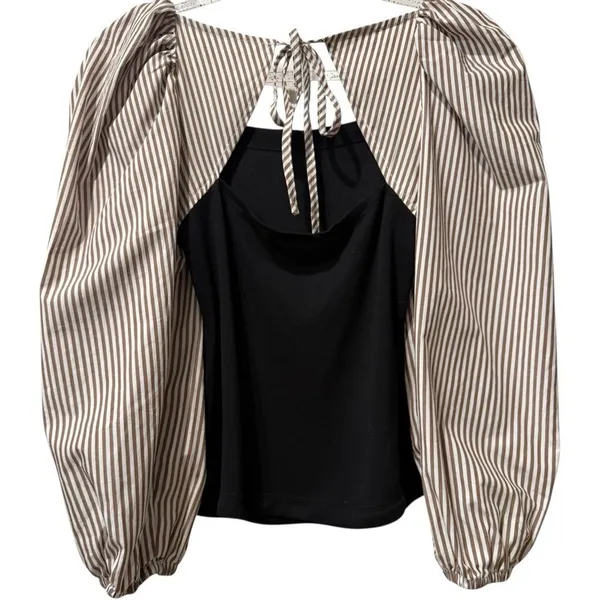 NWT Anthropologie Maeve Open Back Puff Sleeved Blouse Brown Stripes / Black‎ SP - Image 6