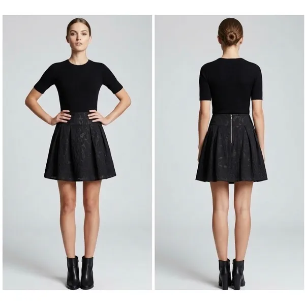 Nanette Lepore Black Jacquard Pleated Mini Skirt Back Zipper‎ Size 8 - Image 2
