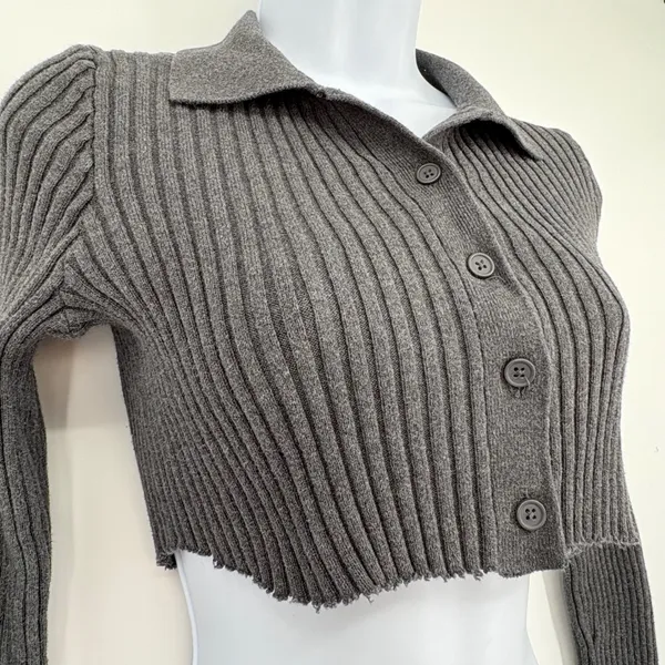 Brandy Melville Gray‎ Ribbed Crop Button Cardigan Sweater Raw Hem XS/S Stretch - Image 3