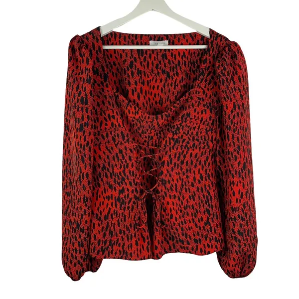 Topshop Size 12 Top Red Leopard Print Ruched Prairie Corset Long‎ Sleeve Women’s - Image 2