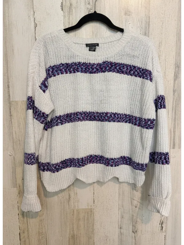 Blush & Bloom Women’s M Ivory Chunky Knit Purple Stripe Oversized Cozy Sweater - Image 2
