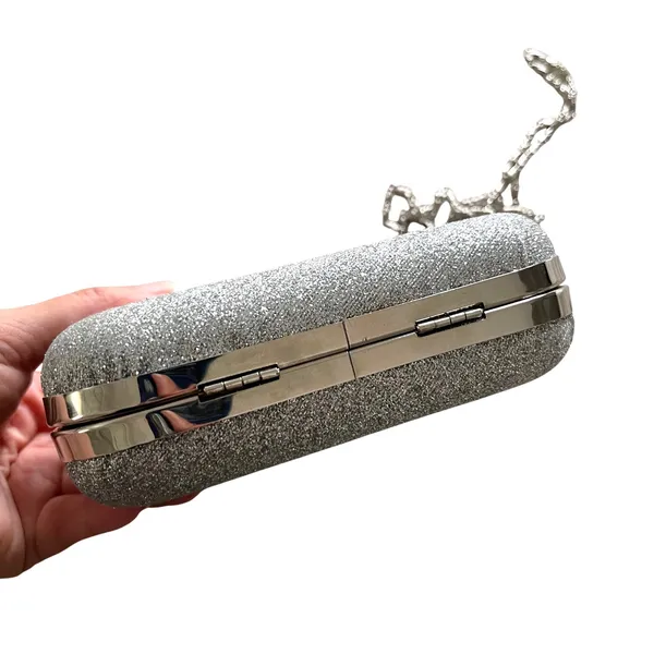 Unbranded Evening Clutch Womens Small Silver Glitter Glam Kiss‎ Lock Chain Strap - Image 4