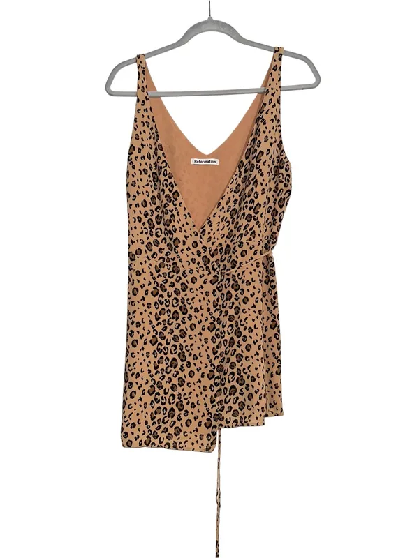 Reformation Anchorage Tan Leopard Print V-Neck Wrap Mini Dress MEDIUM in Feline - Image 2