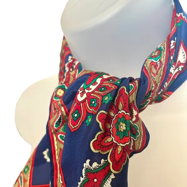 Vintage Gilded Crepe de Chine Blue Paisley Floral Silk Square Scarf Neckerchief - Image 7