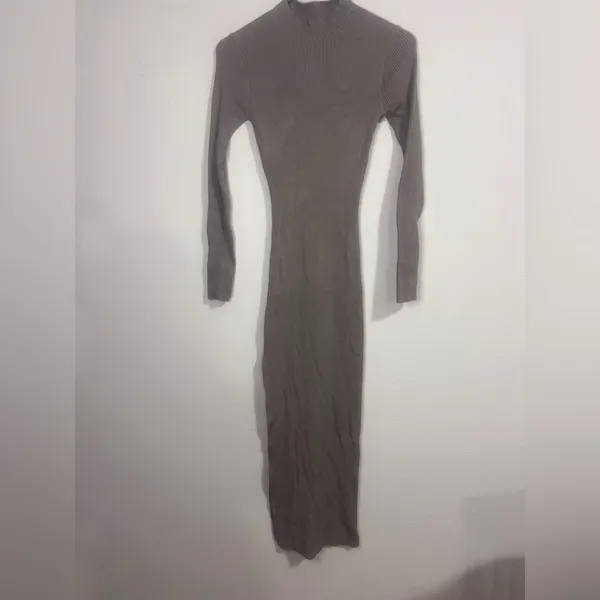 Long-Sleeve Asymmetric Midi Dress in Taupe - Image 5