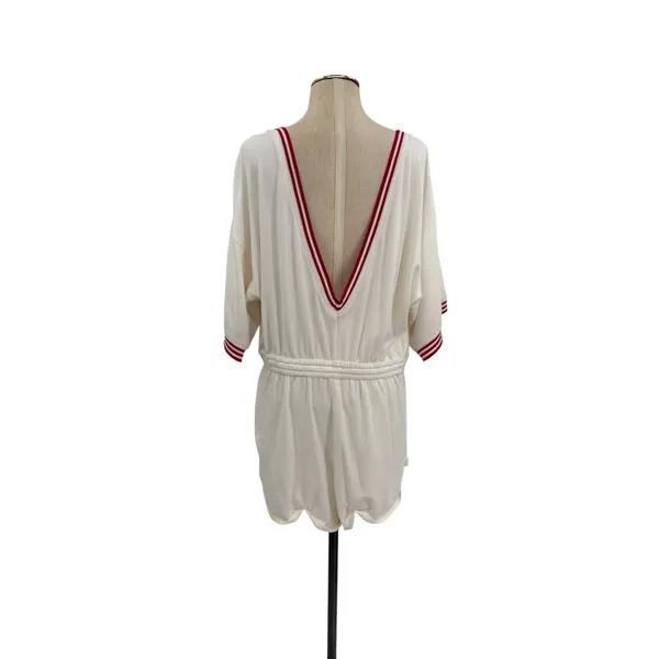 Anthropologie Waffle Knit Romper Varsity Stripe Deep V‎ Back White Red Large - Image 10