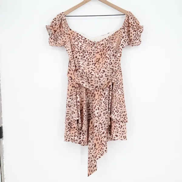 Jumpsuit Womens Large Brown Leopard Print Off The Shoulder Back Zip Puff Sleeve - Image 4