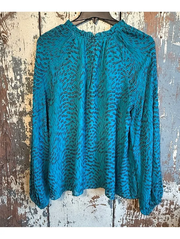 Lilly Pulitzer Silk Caline Metallic Turquoise Top Long Sleeve Blouse, size Large - Image 4