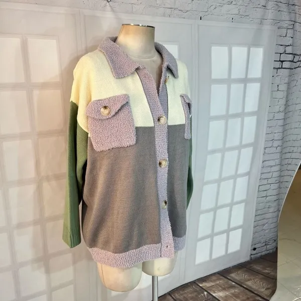Pink Lily Multicolor Collared Button Down Colorblock Cardigan Sweater Sz Small - Image 2