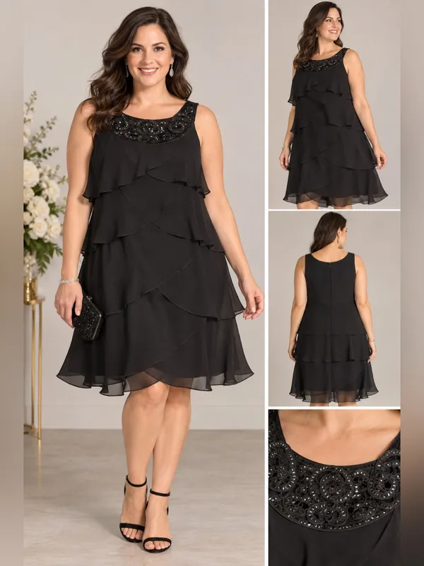 SLNY Black Layered Chiffon Beaded Floral Formal Dress Size 16 👗 - Image 2
