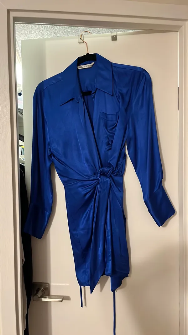 ZARA Blue Satin Wrap Mini Dress - Image 4