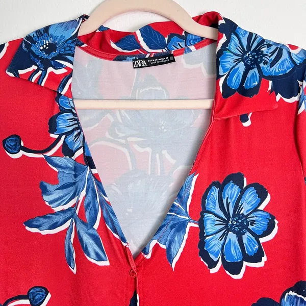 Zara Red Floral Button‎ Front Long Sleeves Midi Dress Medium - Image 5