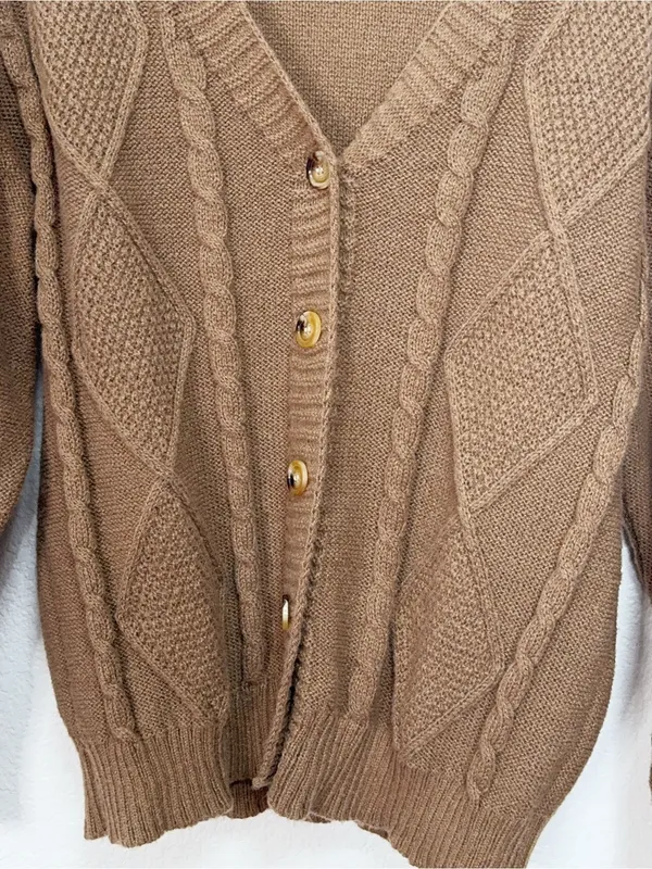 Camel Brown Cable Knit Button Front V Neck Oversized Cardigan Sweater - Image 3