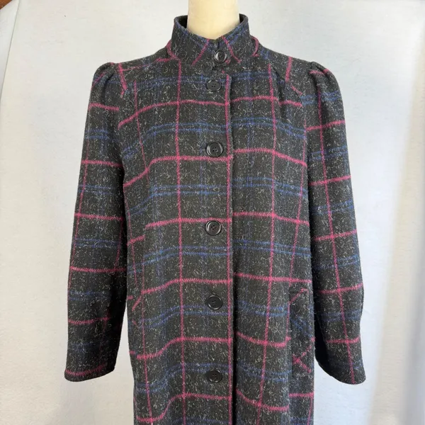 Vintage Plaid Maxi Coat Wool Blend Mock Neck Pink Blue Gray Womens Large‎ Mexico - Image 2
