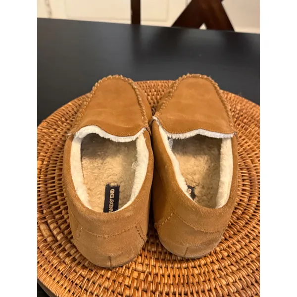 Lands End Womens Suede Moccasin Slippers‎ Tan Brown Faux Fur Lined Loafers - Image 3