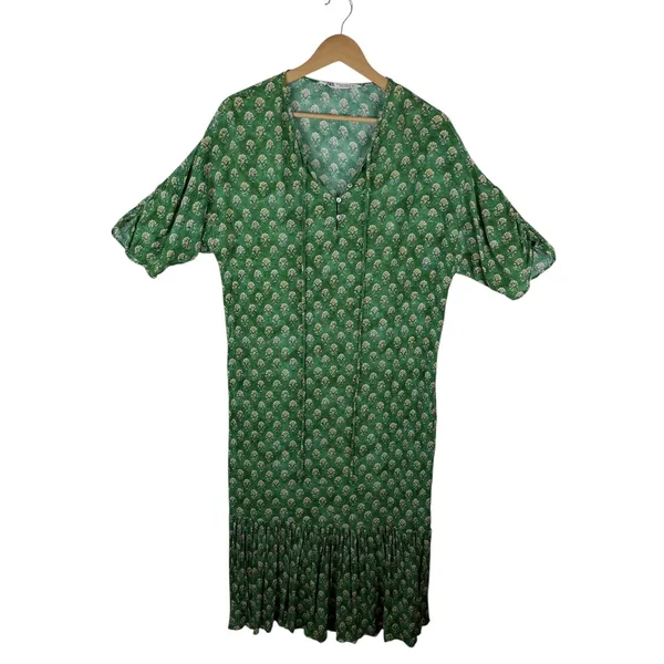 Zara Green Block Print Floral Hem Midi Dress XS Boho Prairie Cottage Relaxed - Image 3