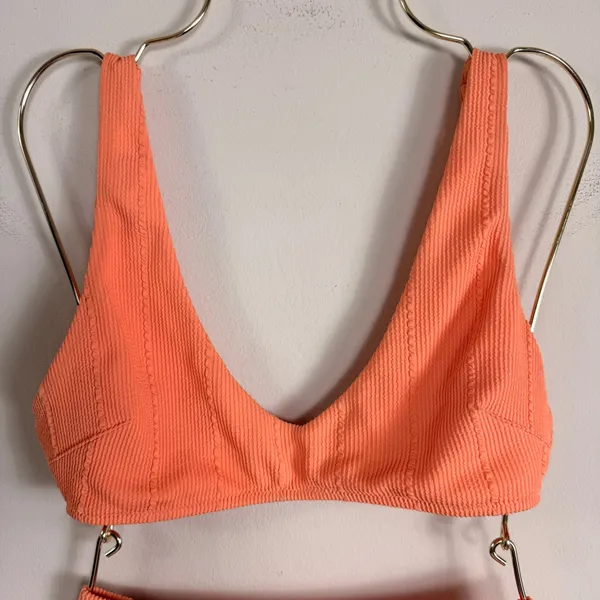 Aerie Orange Textured High Waisted Bikini Set V-Neck Bralette Top Small Medium - Image 3