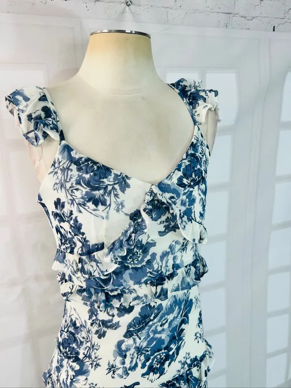 O.P.T Blue White Ingrid Floral Ruffle V-Neck Sleeveless Tiered Midi Dress Sz XS - Image 4