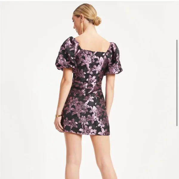 Finer Things In Life Floral Puff Sleeve Mini Dress Purple and black metallic - Image 3