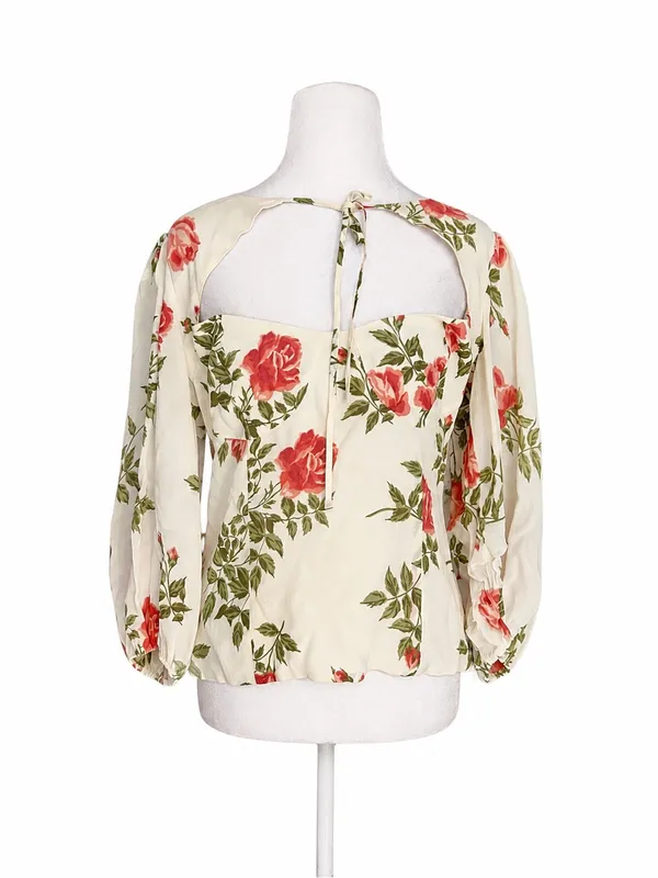 Reformation Brier Floral Top 10 Red White Rose Romantic Balloon Sleeve Cutout - Image 2