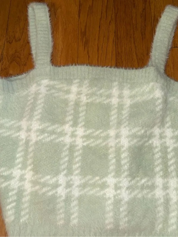 New PacSun Kendall & Kylie Light Mint Green + White Plaid Soft Cropped Top L - Image 7