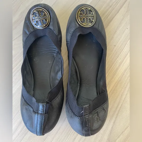 Tory Burch Black Leather Flats with Gold Logo - Image 2
