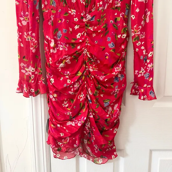 Sau Lee Red Floral Print Ruched Skirt Long Sleeve Fitted Sheath Mini Dress 2 - Image 3
