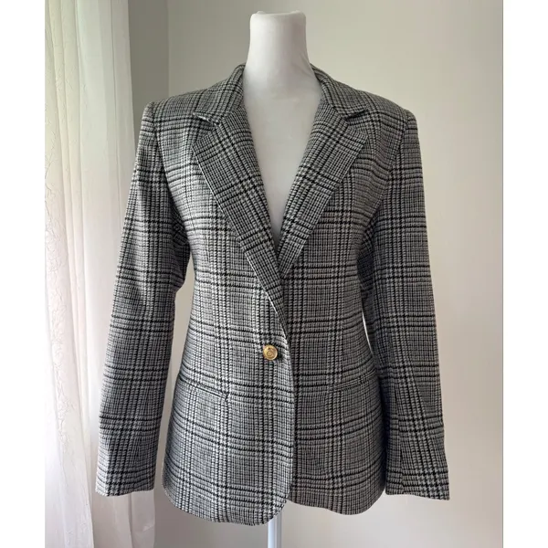Vintage Y2K Petite Haberdashery Black & White Wool Houndstooth Plaid Blazer - Image 2