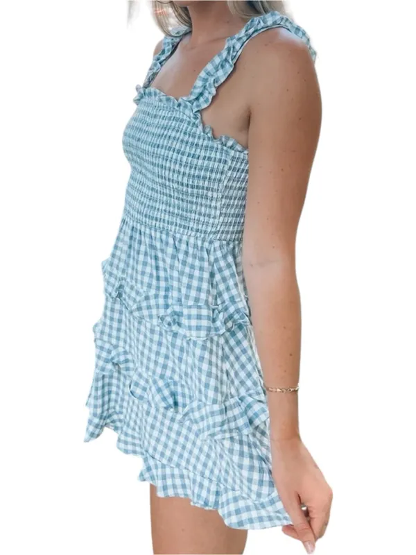 Mable Women’s Size M Blue White Gingham Smocked Tie Back Ruffle Mini Dress - Image 2