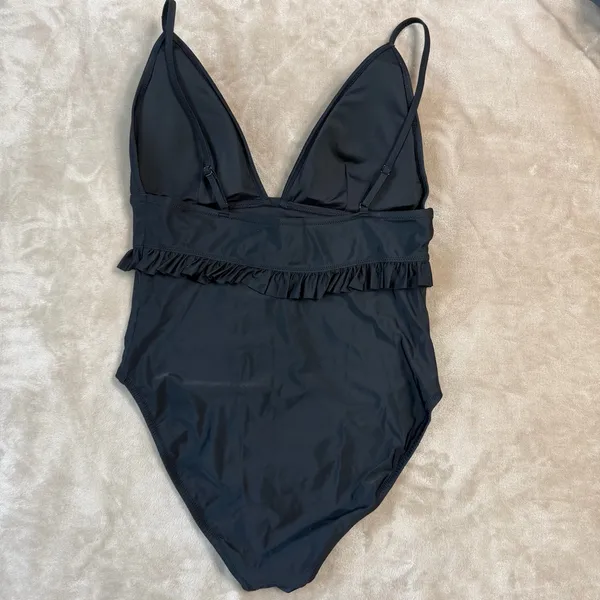 J. Crew Re-Imagined Plunge Black Ruffled One-Piece Swimsuit Size 12 - Image 2