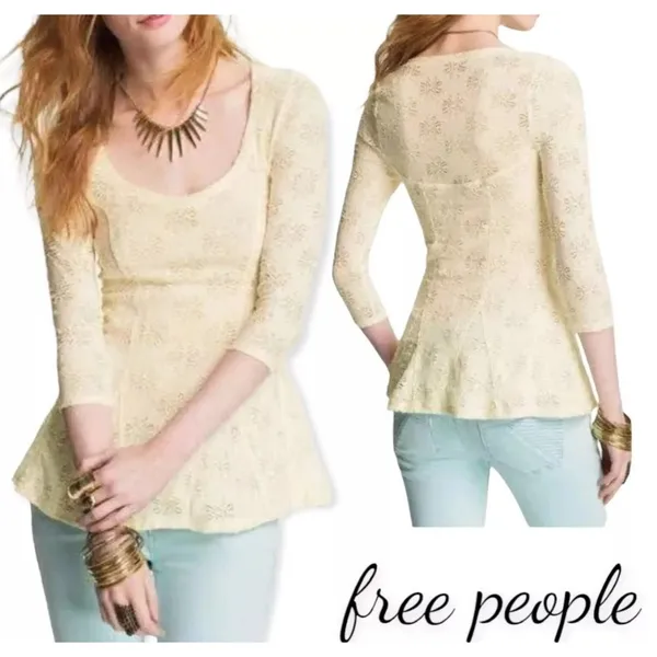 Free People Ivory Lace Tunic Top Medium Floral Sheer Long Sleeve Boho Festival - Image 6