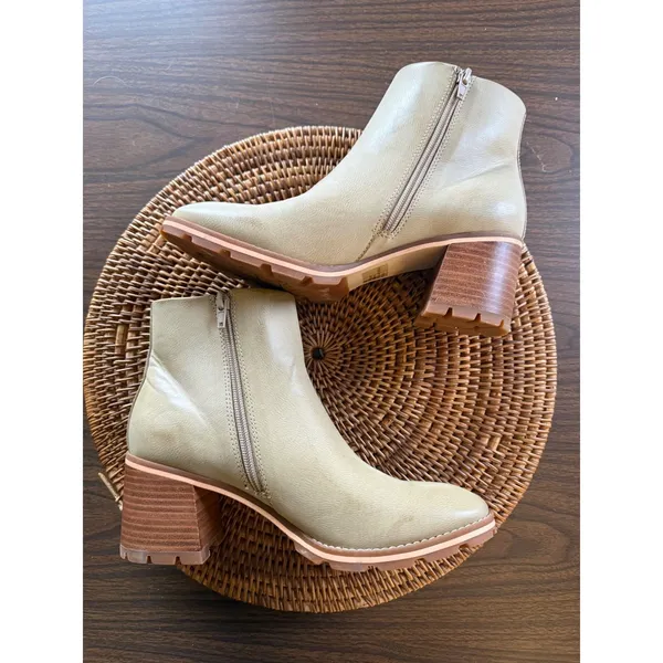 Korks‎ Beige Leather Ankle Boots Block Heel Side Zip Lug Sole Booties Women - Image 8