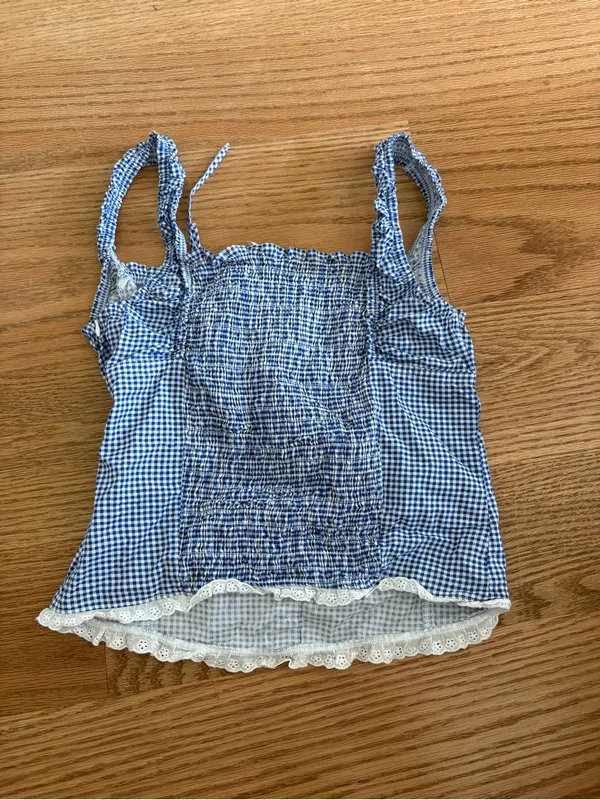 Frankie's Bikinis Blue Gingham Smocked Cami Top with Lace Trim - Image 3