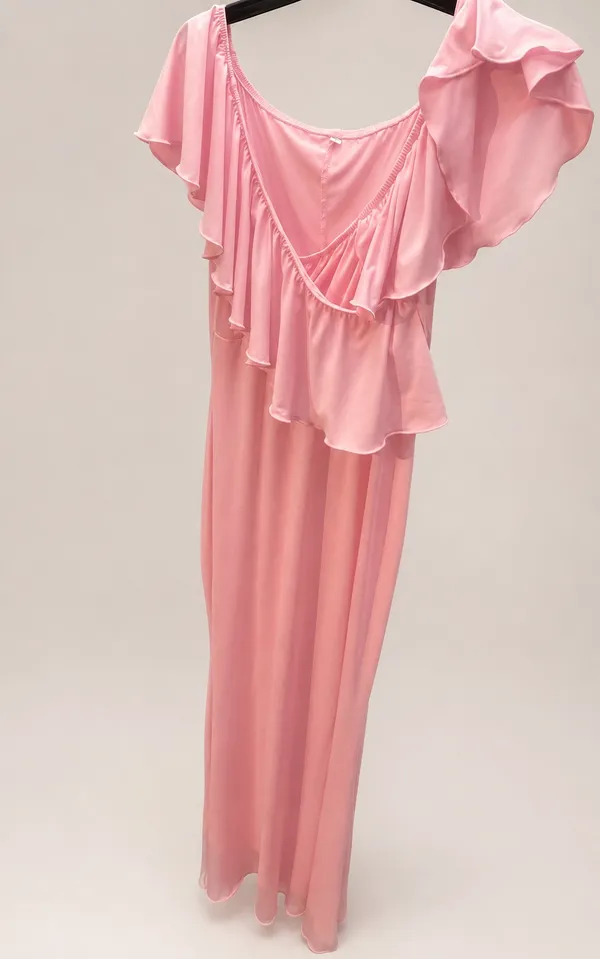 Women’s Pink Off-Shoulder Ruffle Stretch Maternity Mermaid Maxi Gown - Image 4