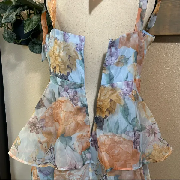 NWT Lulus Playfully Posh Blue Floral Organza Tie-Strap Tiered Midi Dress - Image 7