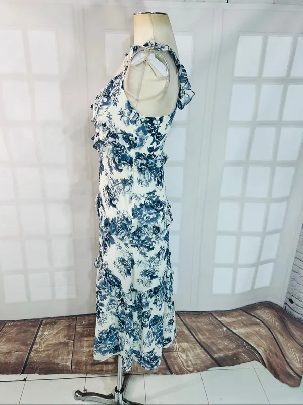 O.P.T Blue White Ingrid Floral Ruffle V-Neck Sleeveless Tiered Midi Dress Sz XS - Image 8