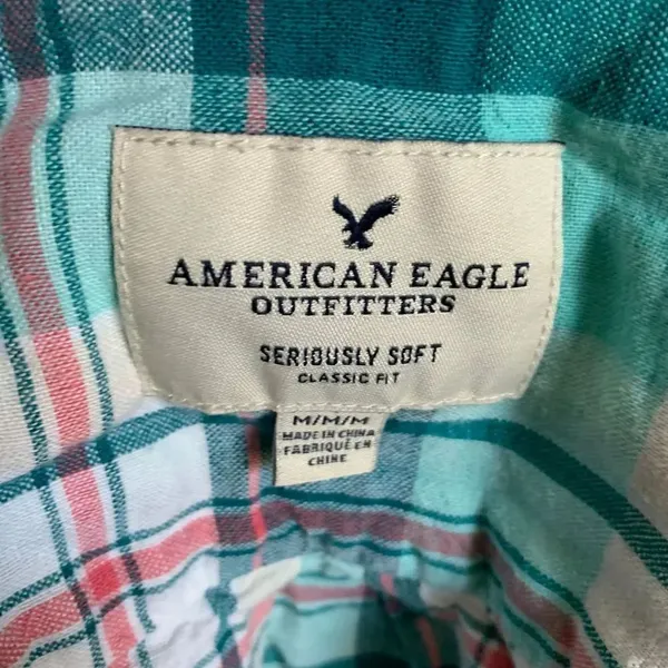 American Eagle seriously soft classic fit pink and green plaid M button down shi - Image 3