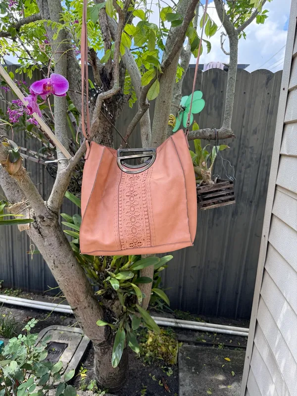 Boho Hobo Shoulder Bag Pink Faux Leather Crochet Lace Panel Oversized Tote Purse - Image 2