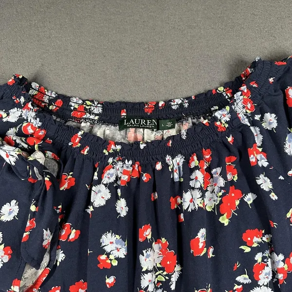 Lauren Ralph‎ Lauren Blouse Womens Large Blue Floral Off Shoulder 3/4 Sleeve - Image 4
