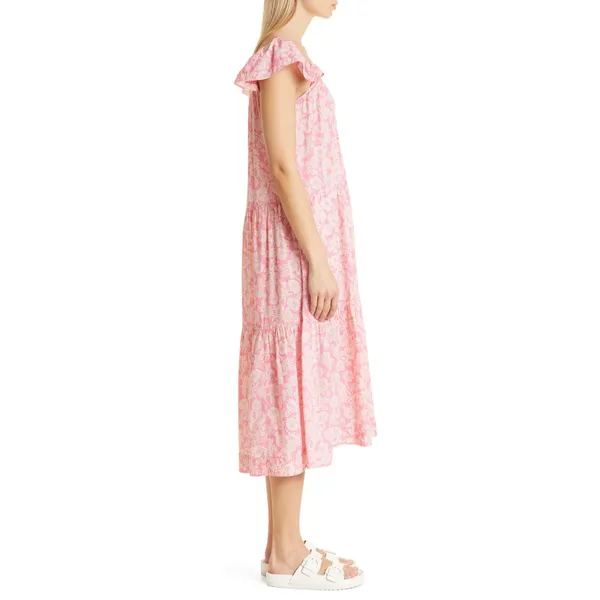THE GREAT. The Plumeria Cotton Midi Dress Pink Floral Tiered Size 3 Large L - Image 4