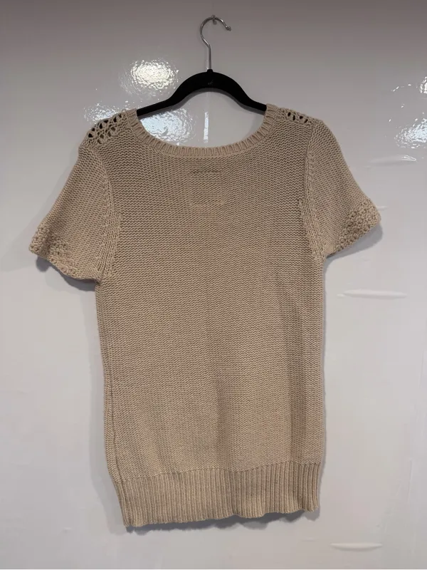 Vintage Y2K American Eagle Beige Short-Sleeve Knit Sweater with Crochet - Image 3