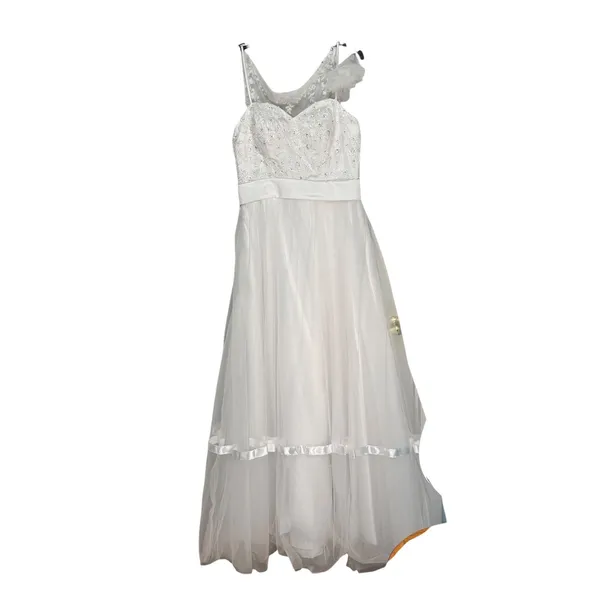 White Tulle Wedding Dress Sequin Pearl Embroidered Bodice Beach Bridal Gown - Image 2