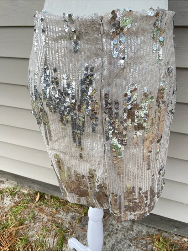 Sequined Beige Party Mini Skirt Tan Size L - Image 2