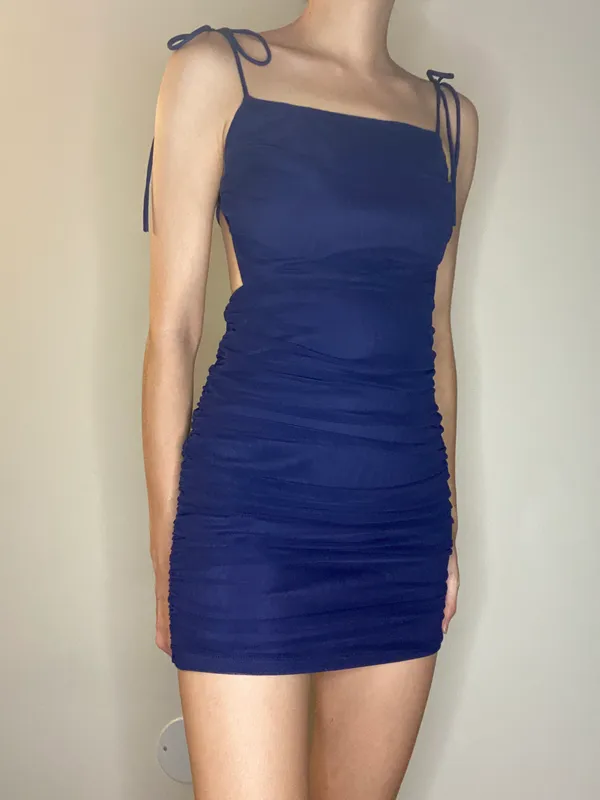 Lucy in the Sky navy open back scrunch mini bodycon dress S - Image 4