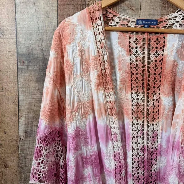 Democracy Tie Dye Crochet Kimono 1X Plus Lace Duster Swim Cover Up Pink Orange - Image 8