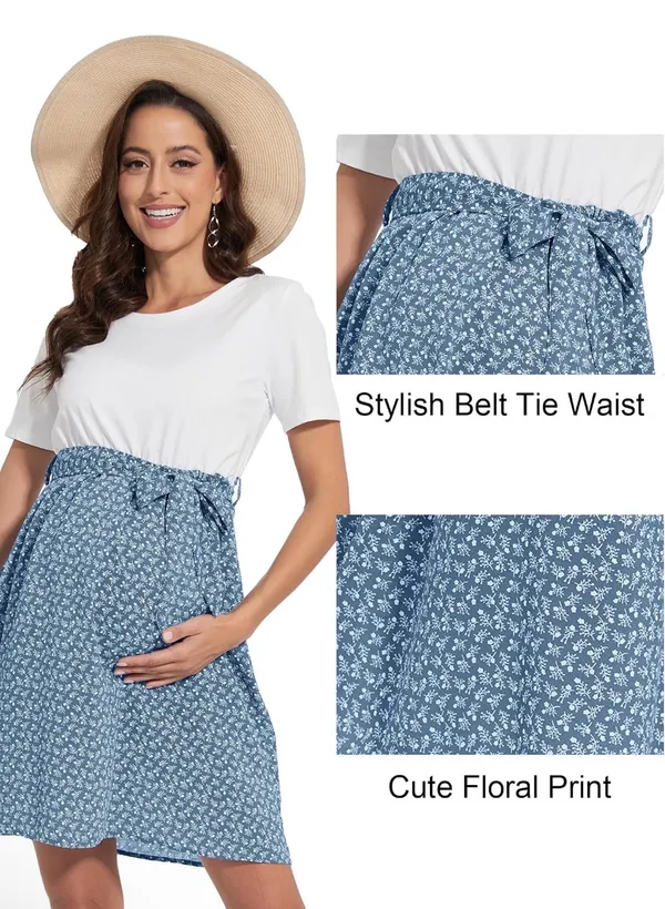 Blue Floral Tie Waist Maternity-Friendly Dress Size M - Image 2