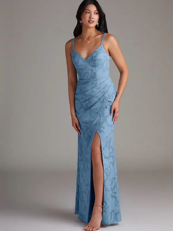 Azazie Leo Blue Lace V-Neck Evening Dress with Side Slit - Image 3