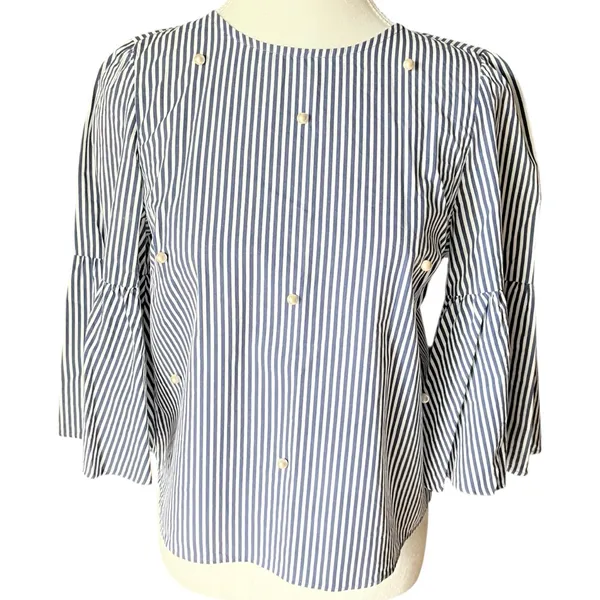 Zara Navy and White Striped Blouse Poplin Bell Sleeves Pearl Accent 3/4 Sleeves‎ - Image 2