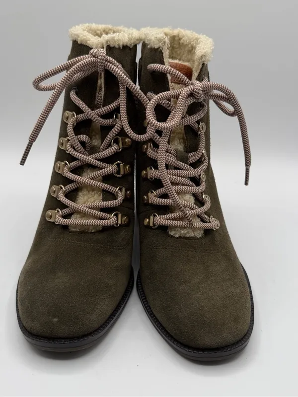 Dr Scholls Loni Boots Womens 6 Olive Suede Shearling Lace Up Block Heel - Image 2